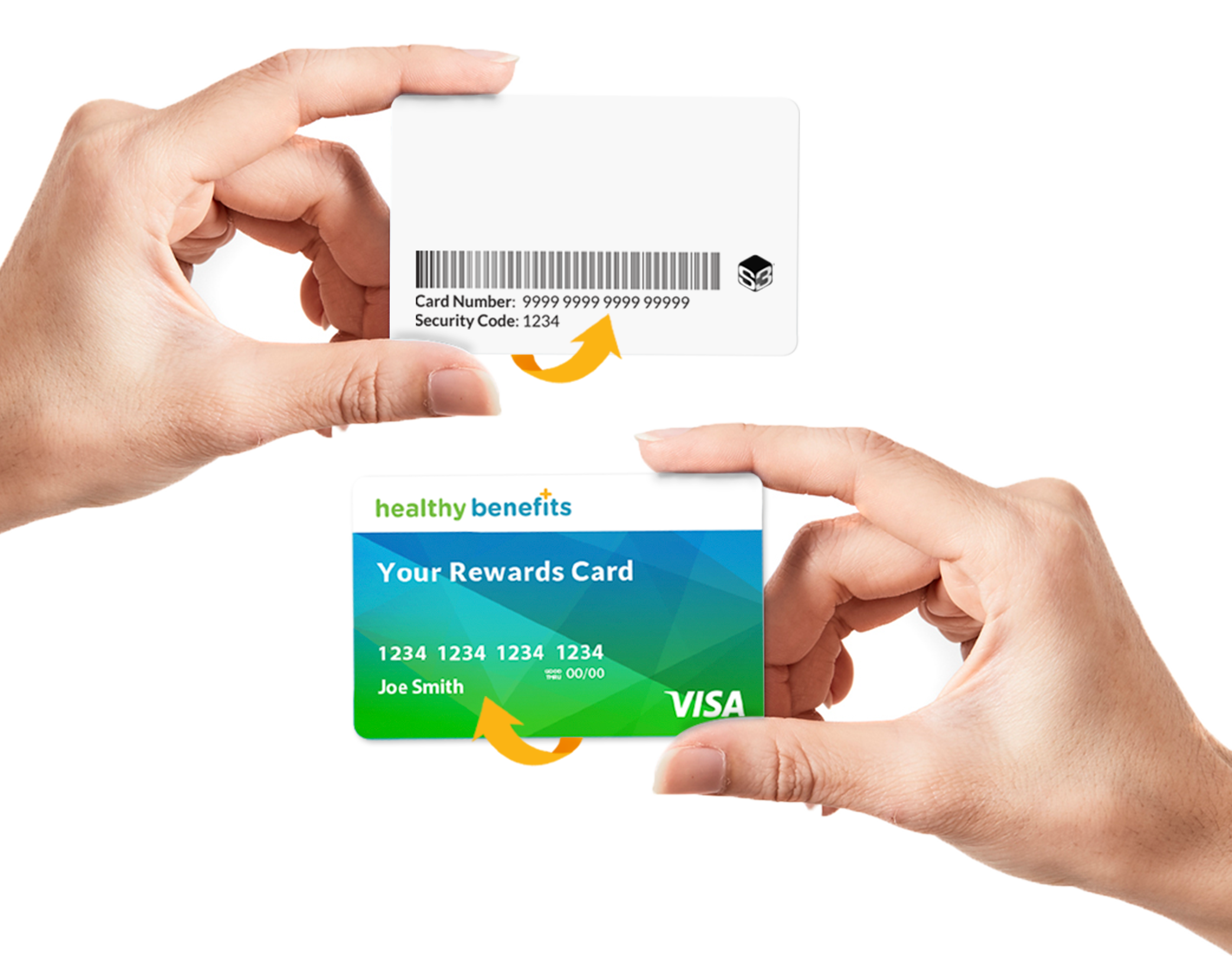 Hand holding Healthy Benefits+ card with arrow pointing to card number