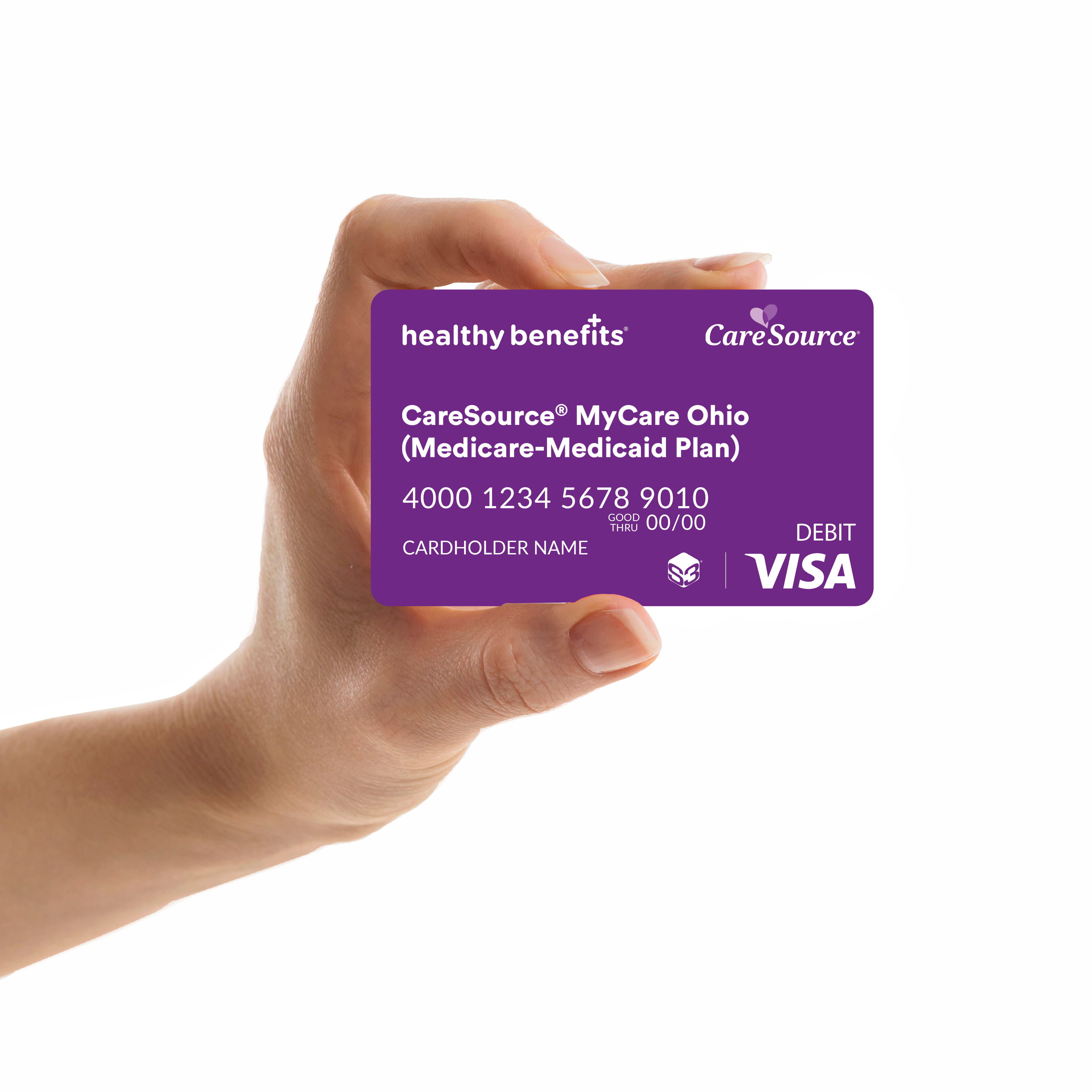 Hand holding Healthy Benefits+ card with arrow pointing to card number