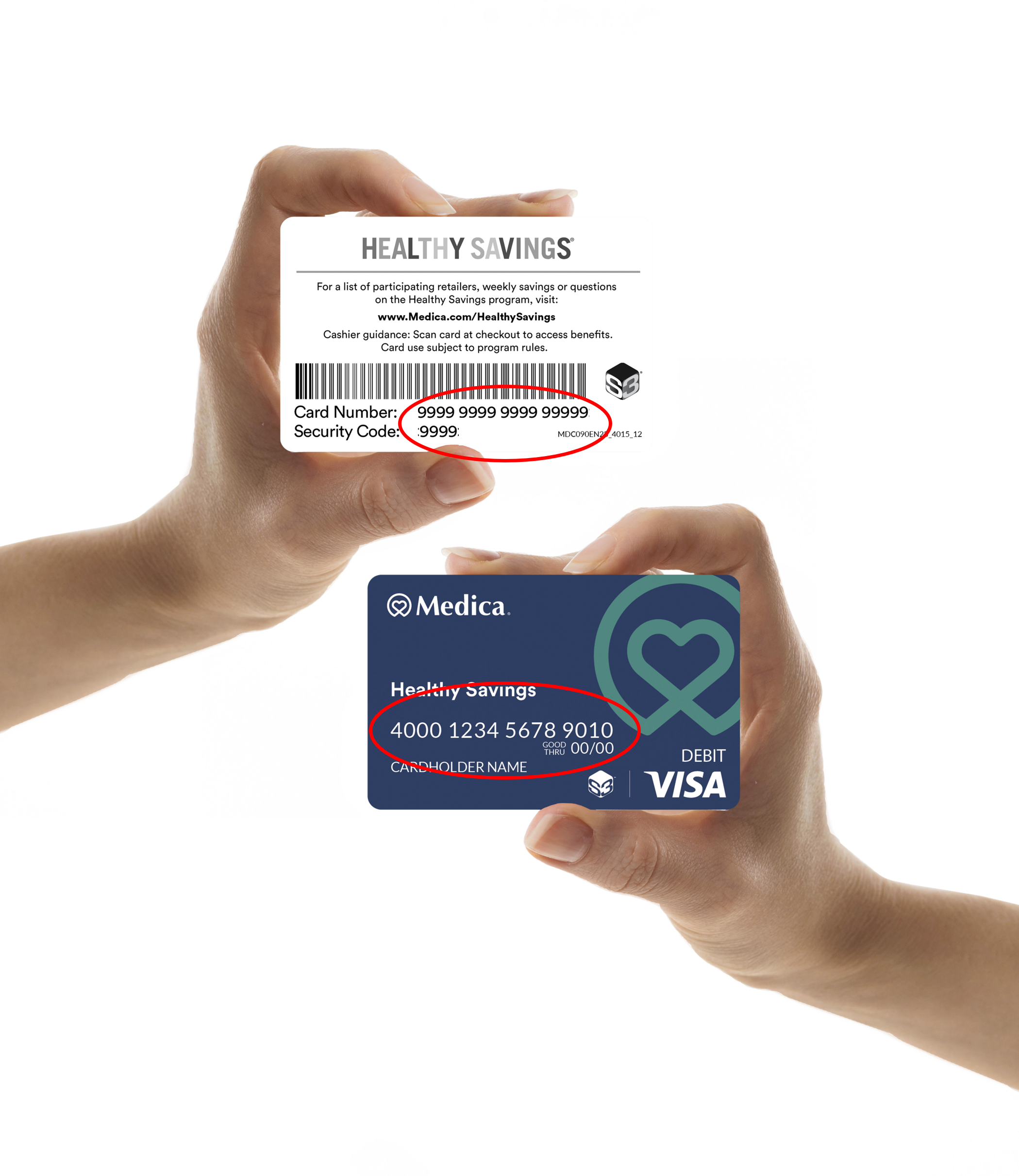 Hand holding Healthy Savings card with arrow pointing to card number